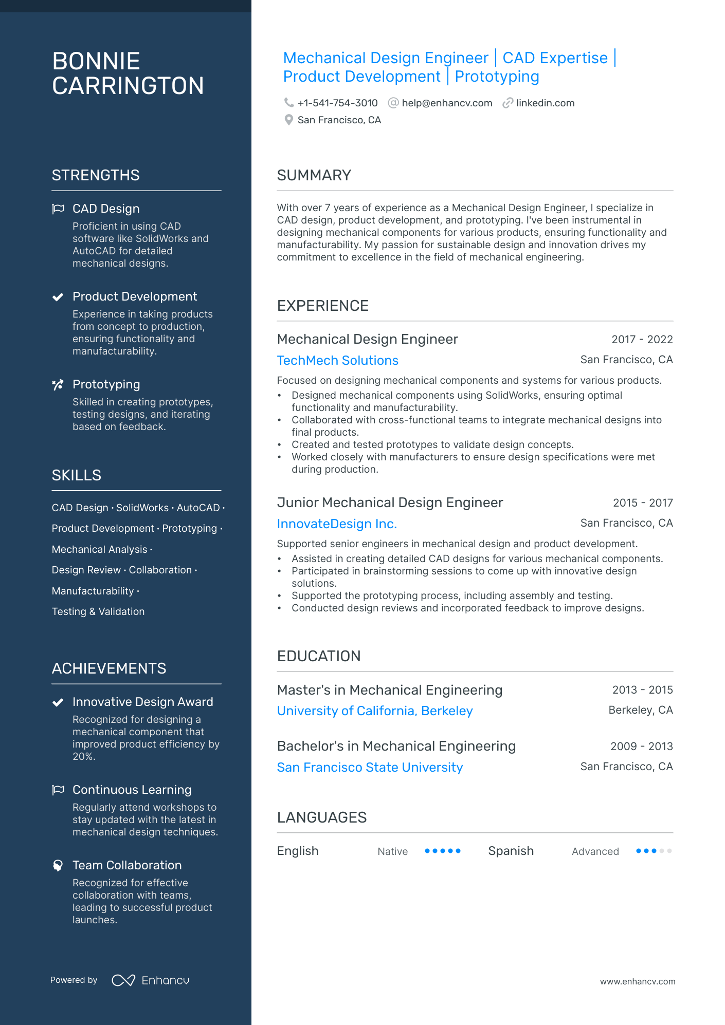 Mechanical Design Engineer resume example