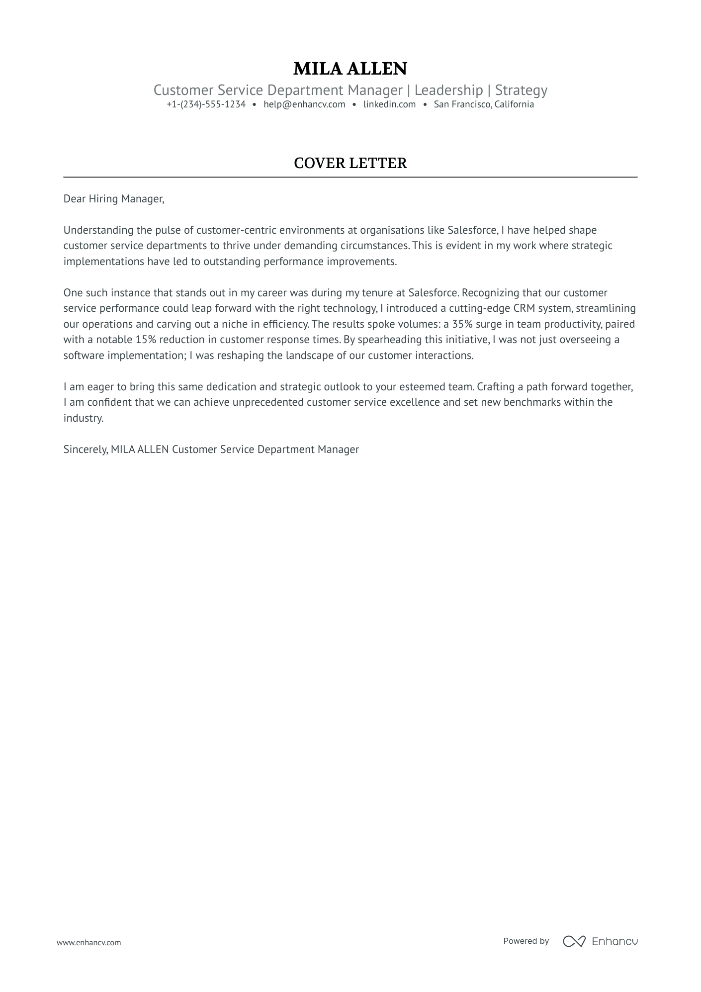 Department Manager cover letter