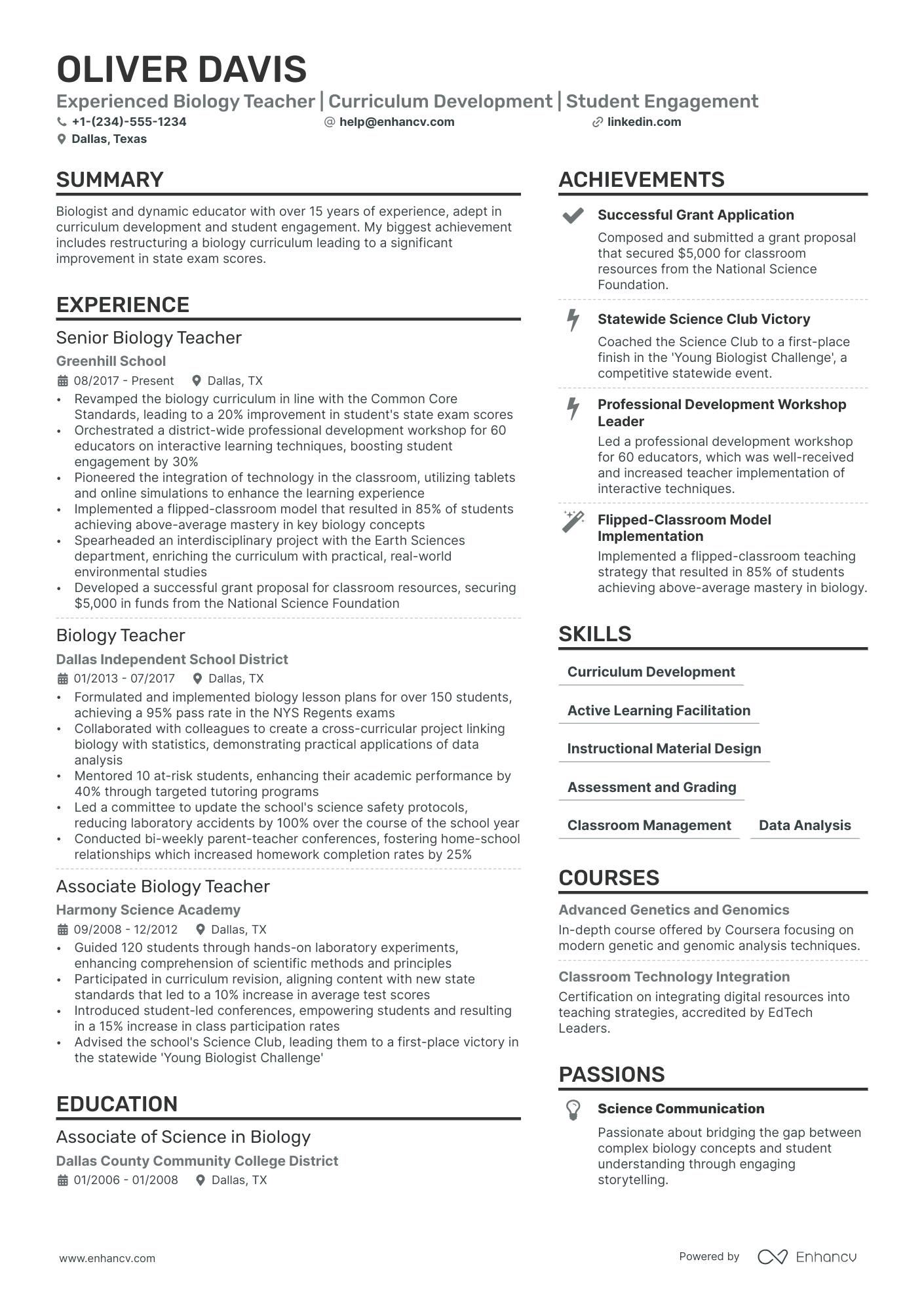 Biology Teacher resume example