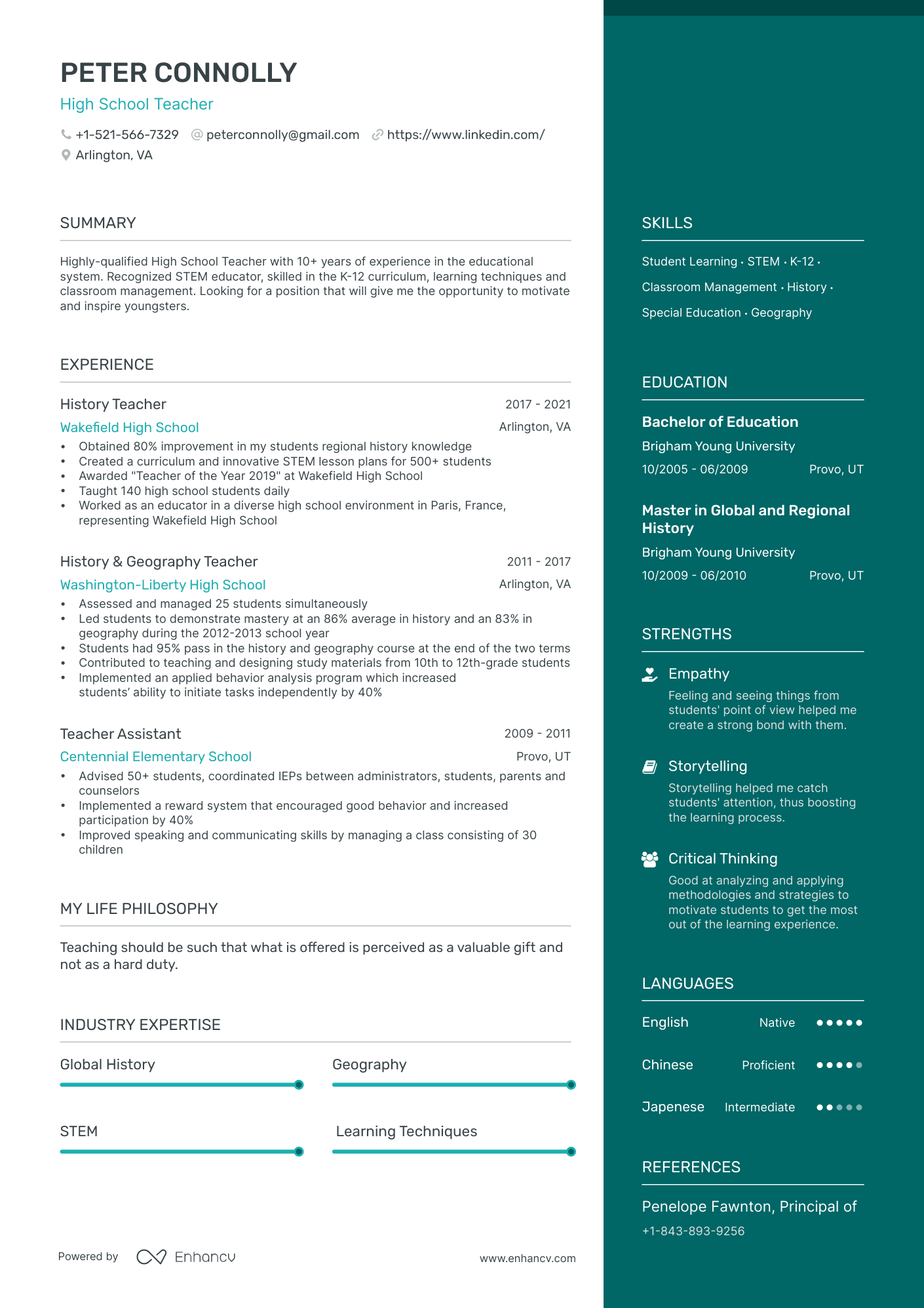 High School Teacher resume example