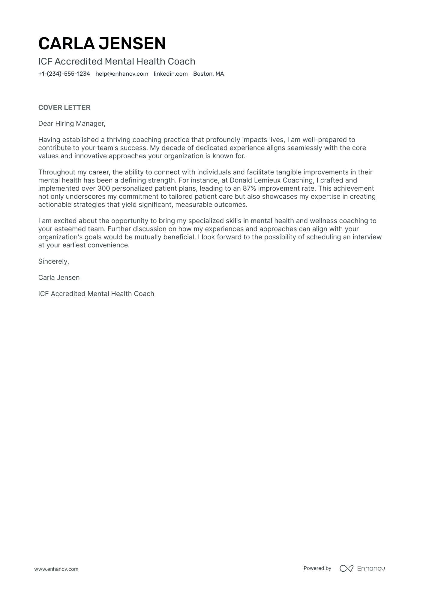 Mental Health Coach cover letter