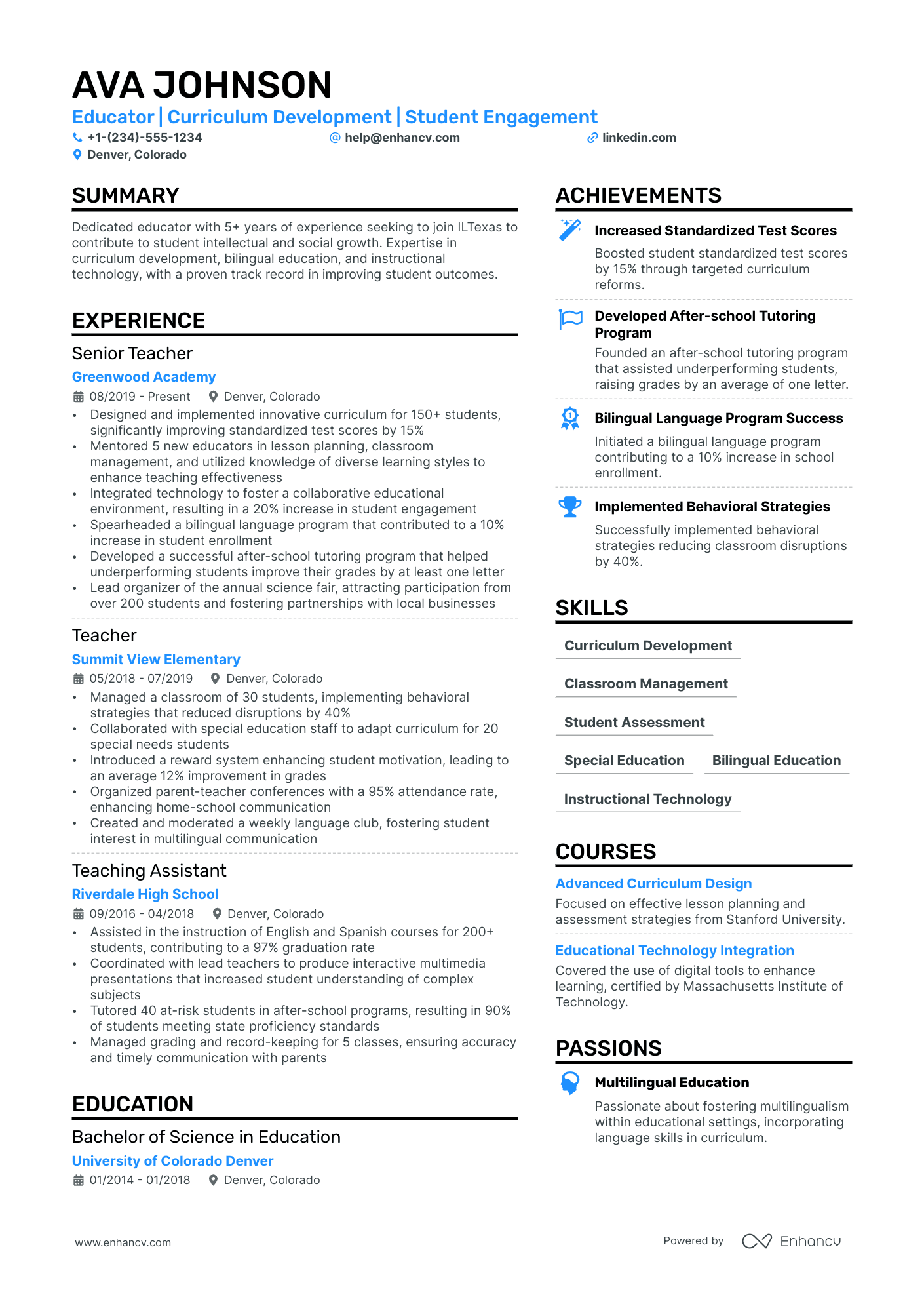 Theatre Teacher resume example