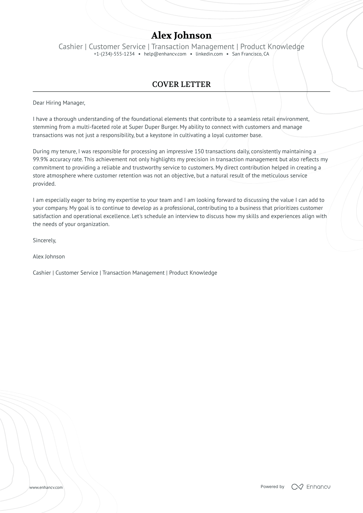 Cashier cover letter