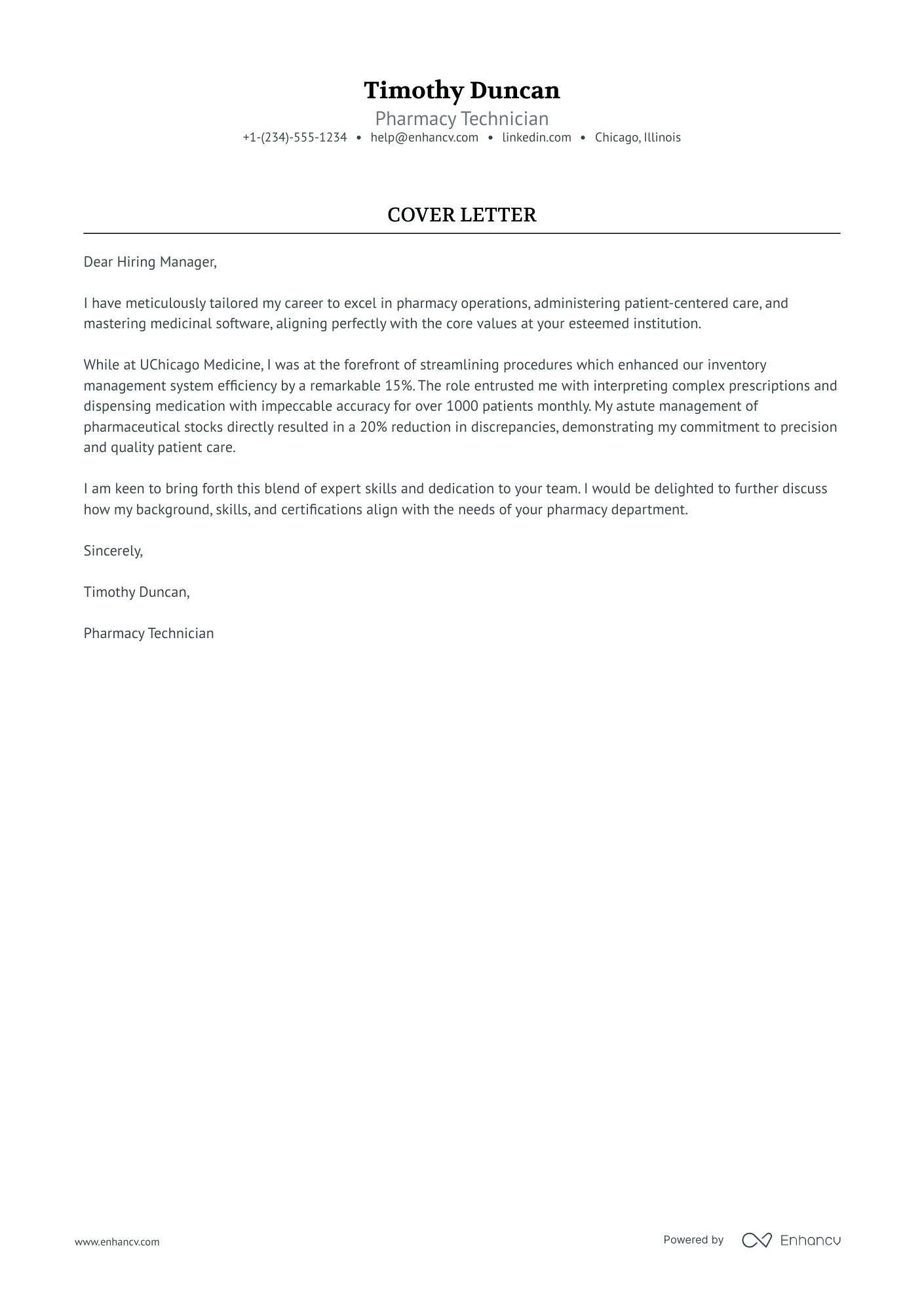 Hospital Pharmacy Technician cover letter