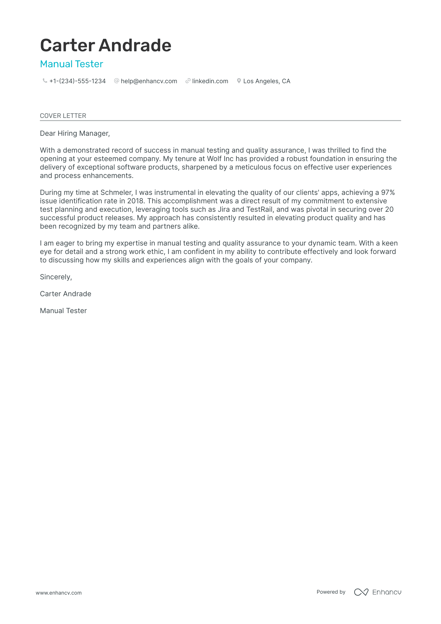 Manual Tester cover letter