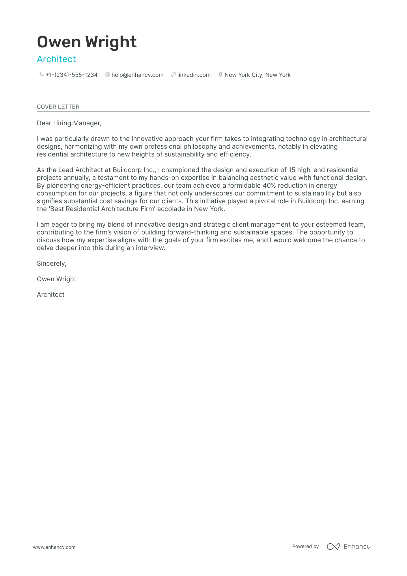 Freelance Architect cover letter
